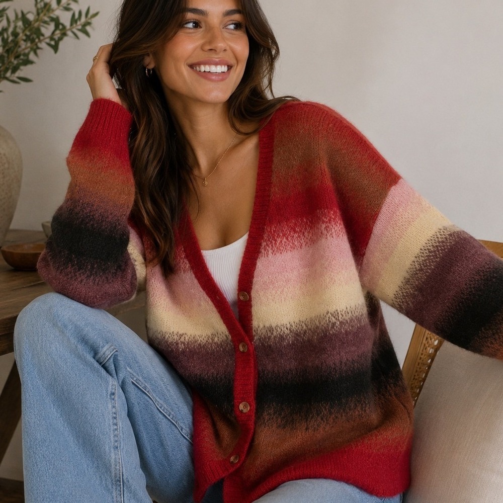 Torrid Knit Stripe V-Neck Long Sleeve Cardigan Sweater Red Women's Size 2 2X